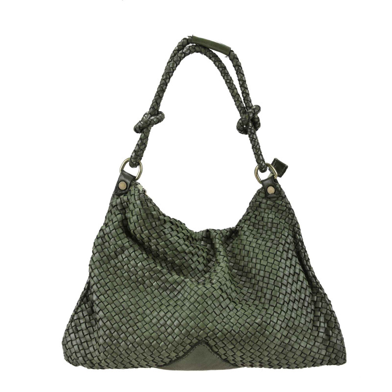 Woven leather bag with shoulder strap and worked handle