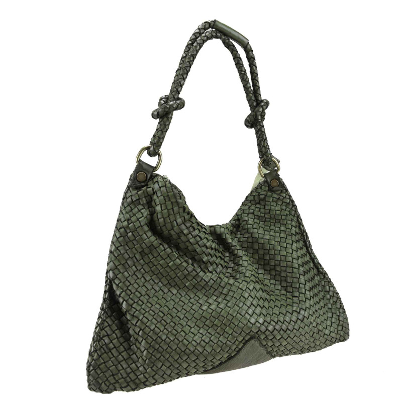 Woven leather bag with shoulder strap and worked handle