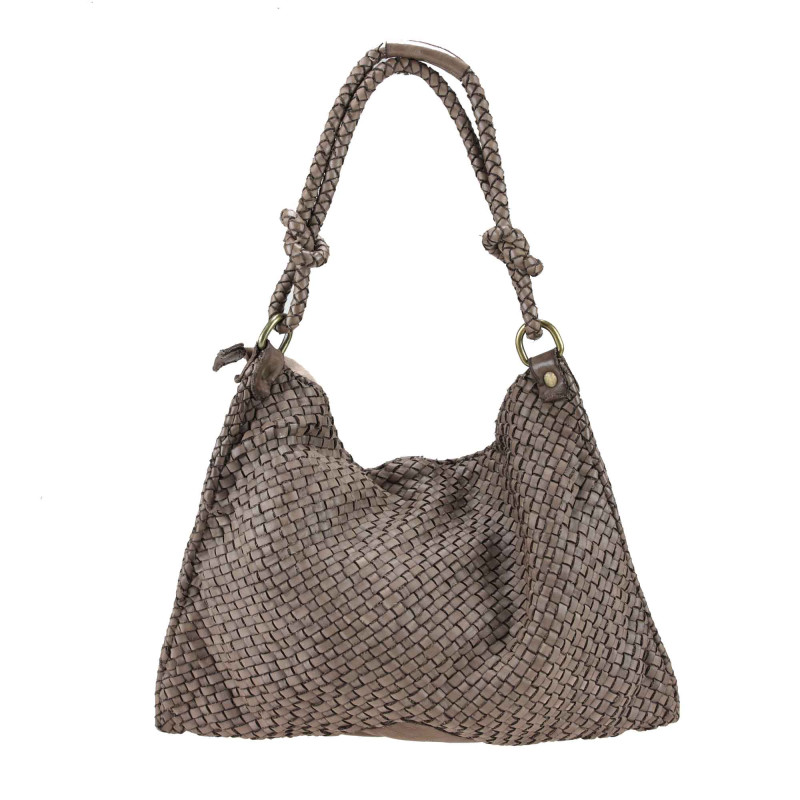 Woven leather bag with shoulder strap and worked handle