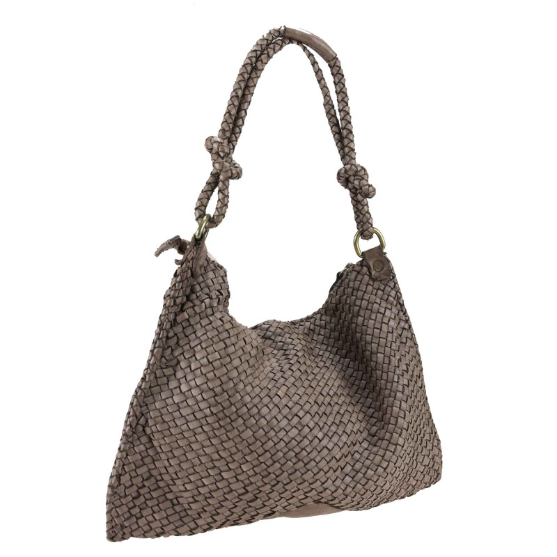 Woven leather bag with shoulder strap and worked handle